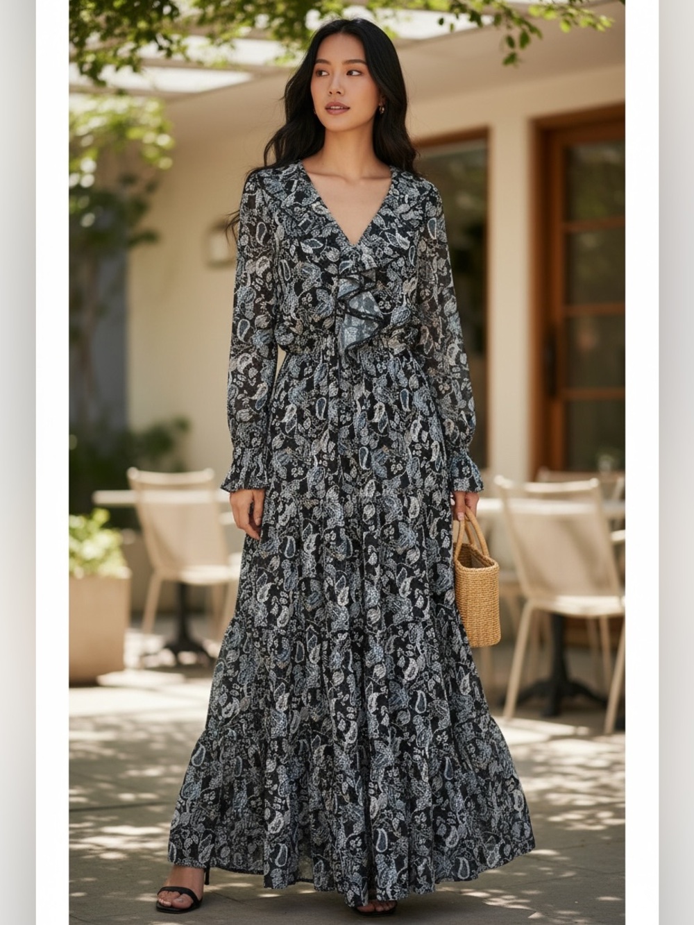 Lucca Long Sleeve Paisley Print Tiered Maxi Dress with Side Cut Outs NWT